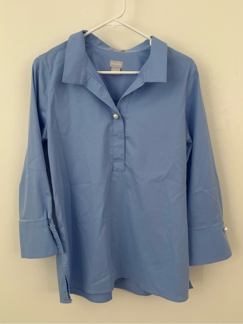 Chico's Soft Blue Button-Front Pearl Accent Blouse
